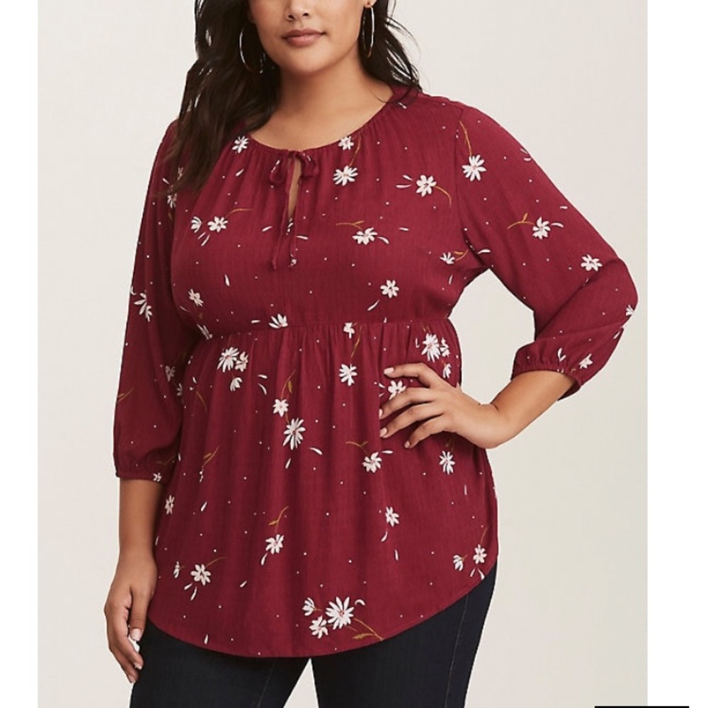 Red Floral Tie Neck Woven Babydoll Tunic